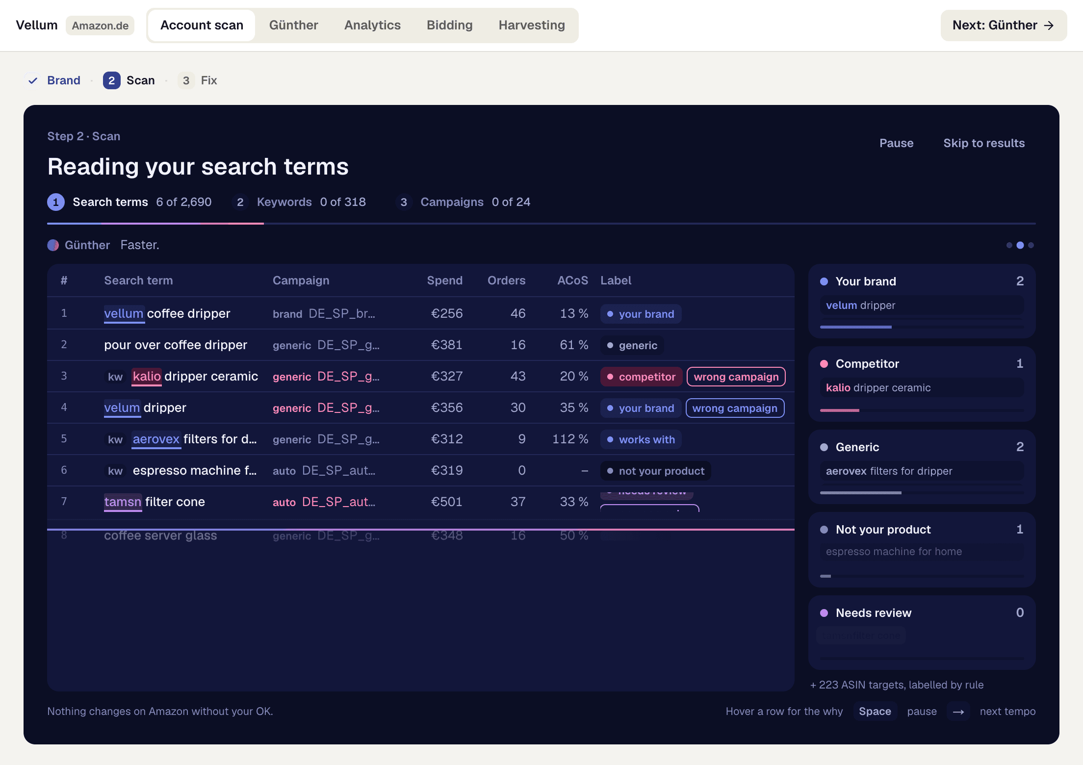 Günther scanning the search terms of a demo account