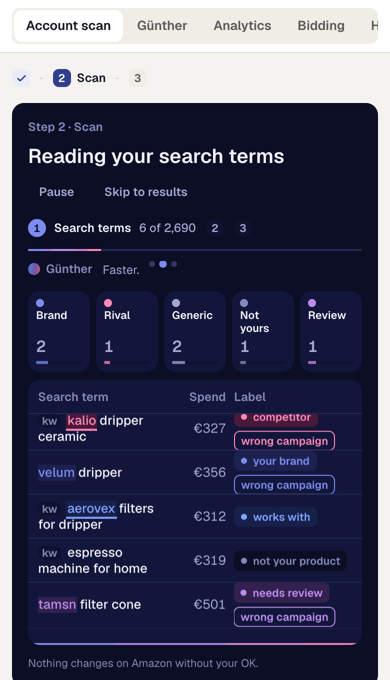 Günther scanning the search terms of a demo account