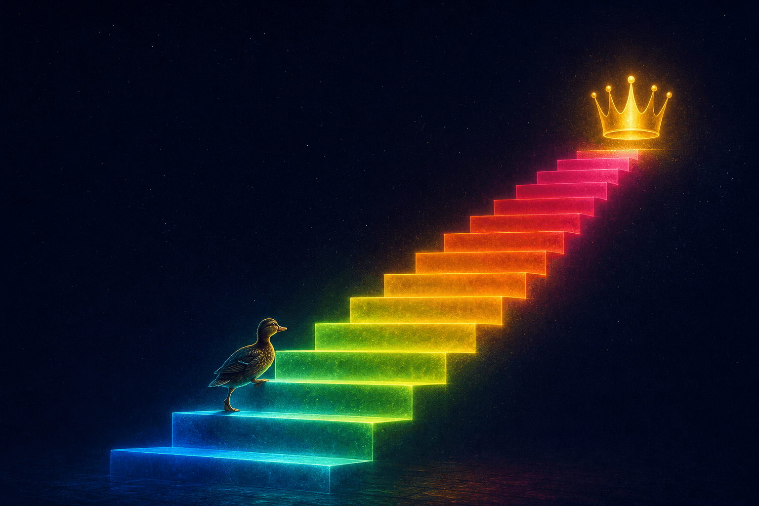 A duck climbing a staircase of prism light toward a glowing crown