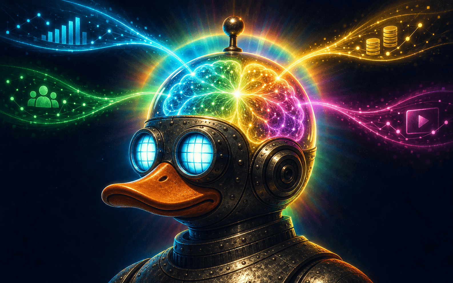 Streams of advertising data converge in Günther’s radiant rainbow brain, illuminating his brass head and blue goggles.