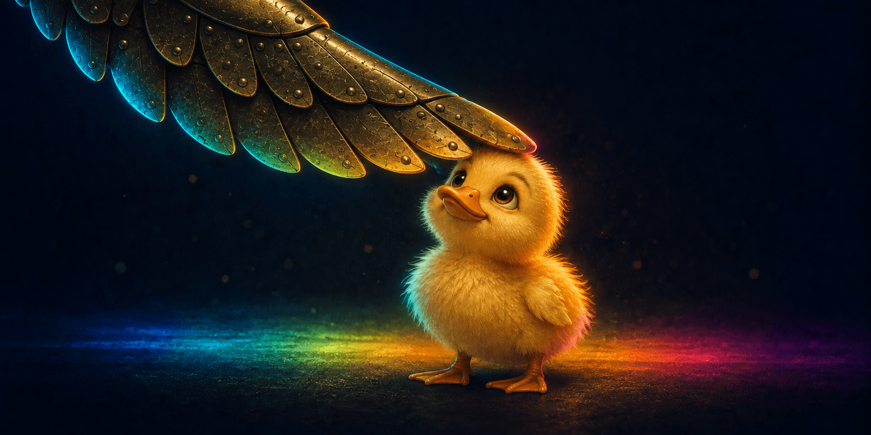 Günther’s brass robot wing gently pats a fluffy baby duck on the head. The duckling looks up gratefully, lit by a soft rainbow glow.