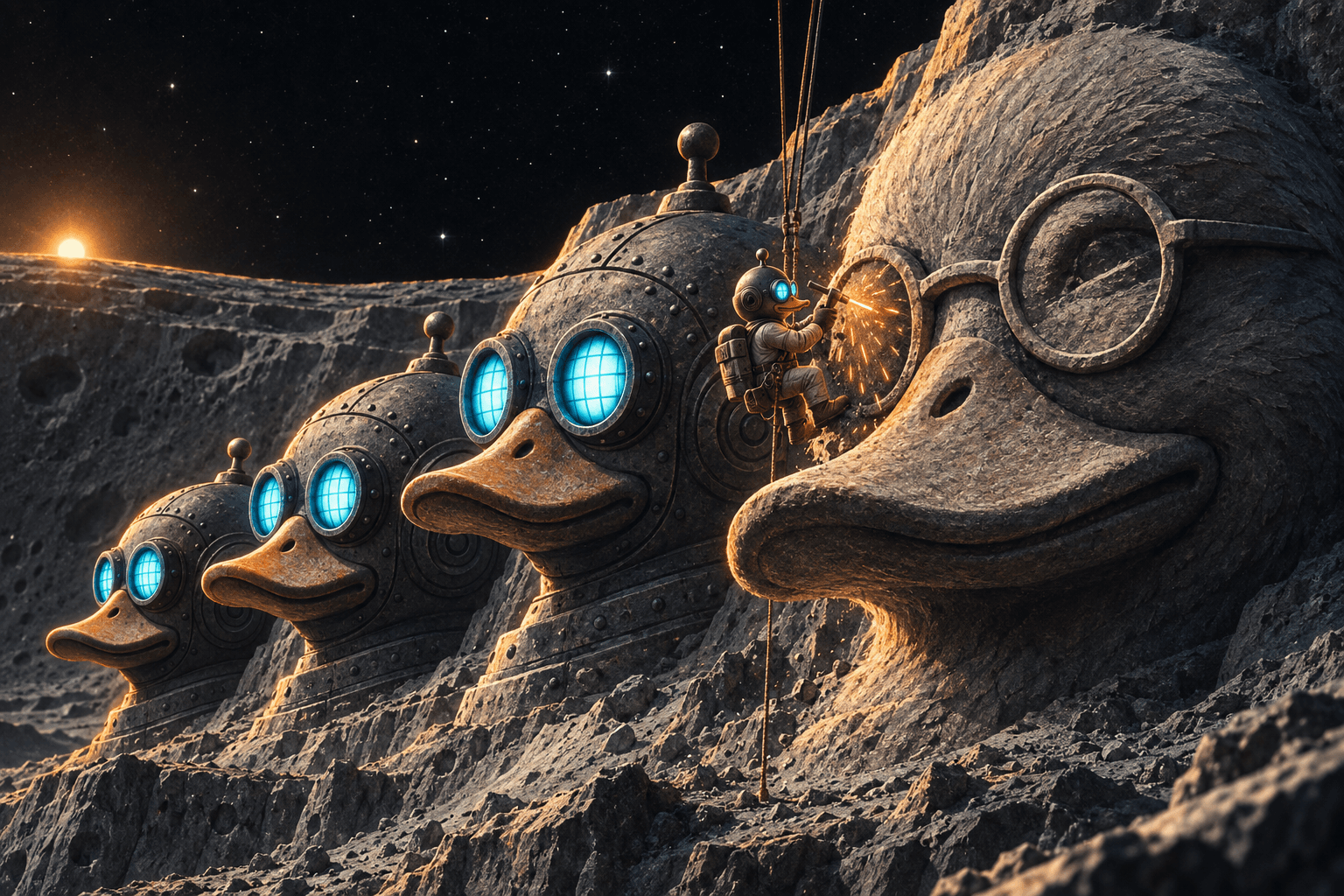 A Mount Rushmore carved into a moon crater: three giant Günther heads with glowing goggles, and one duck with round glasses that a tiny astronaut Günther is still chiselling.