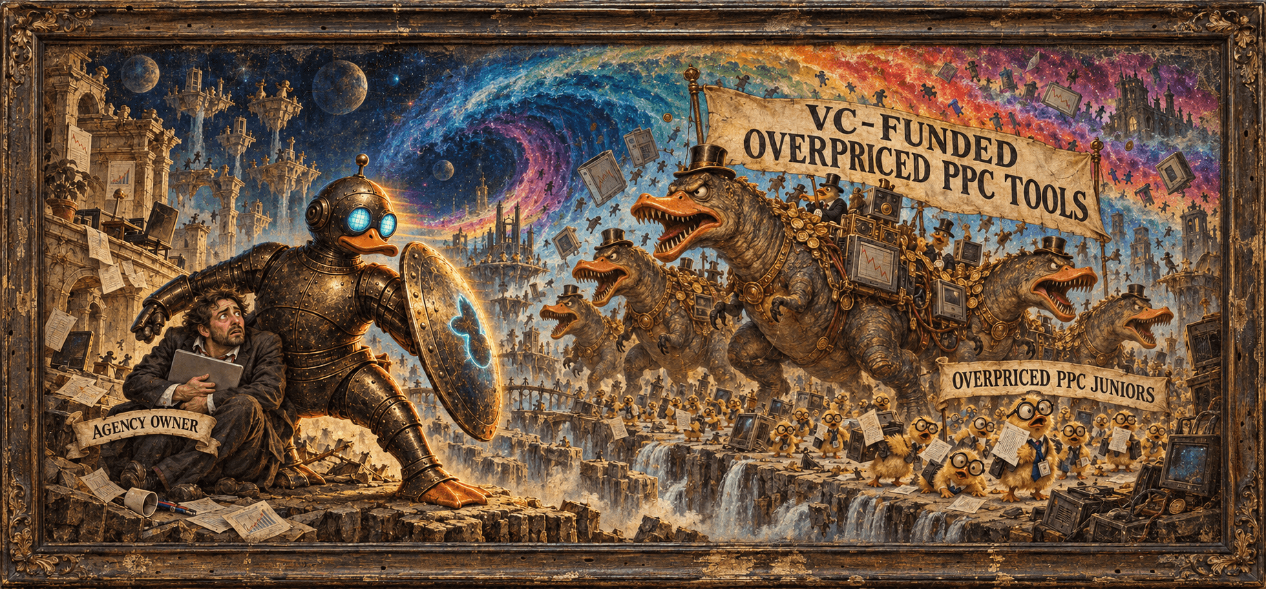 An aged painting in a worn wooden frame: Günther shields an agency owner from snarling T. rex ducks beneath a banner reading ‘VC-funded overpriced PPC tools’. Confused ducklings are labeled ‘Overpriced PPC juniors’, while a rainbow tsunami rises behind them.