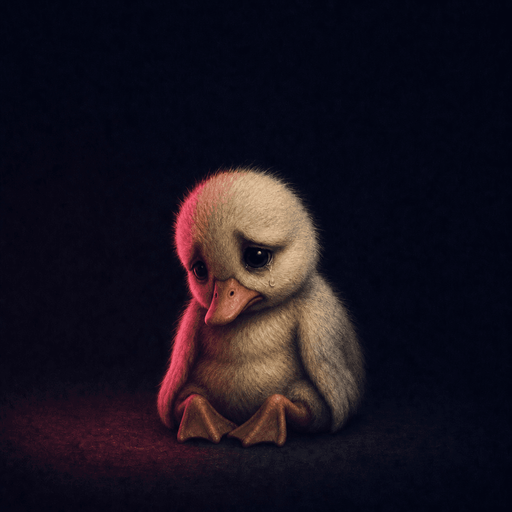 A small sad duck with one tear, lit from the left by a red-pink glow