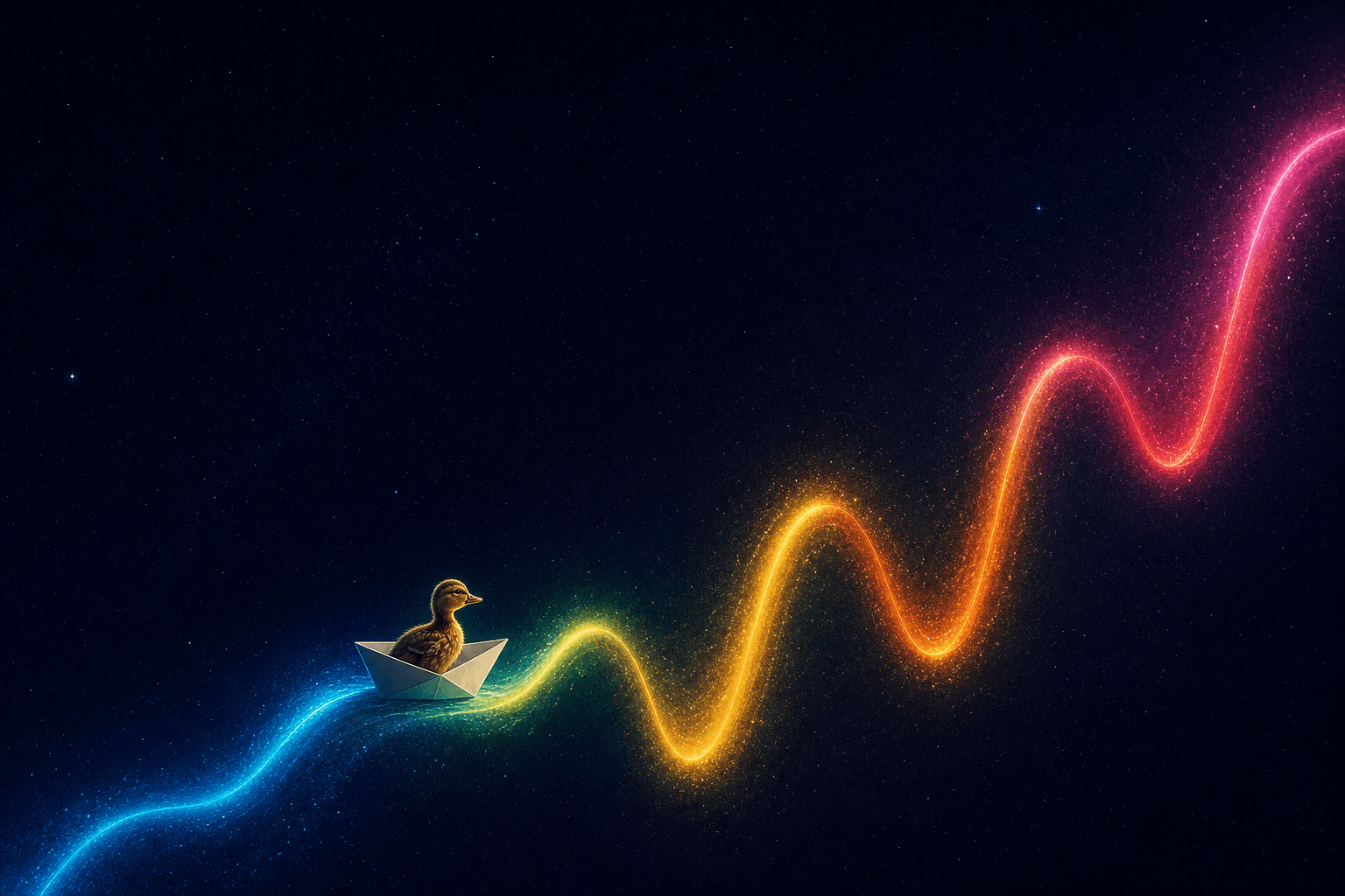 A duckling riding a paper boat along a bumpy, climbing prism wave
