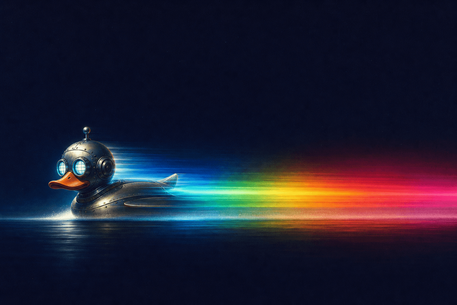 Günther the robot duck, leaving a chromatic prism light trail